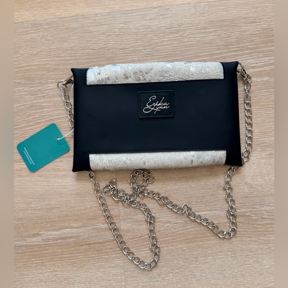 NWT NEW $300 Erika Lynn Cowhide Leather Envelope Crossbody Clutch Silver Black - Picture 7 of 9
